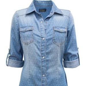 Polka dotted denim button up